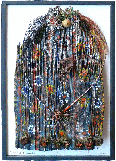 2005 - Cœur de tavaillon - Peinture à l’eau sur bois strié - incrustations - 40x30 cm